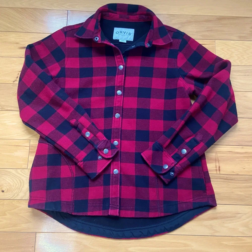 Orvis Fleece Lined Plaid Flannel Snap Shirt Jacket Shacket Red Black Women's S - Picture 1 of 6